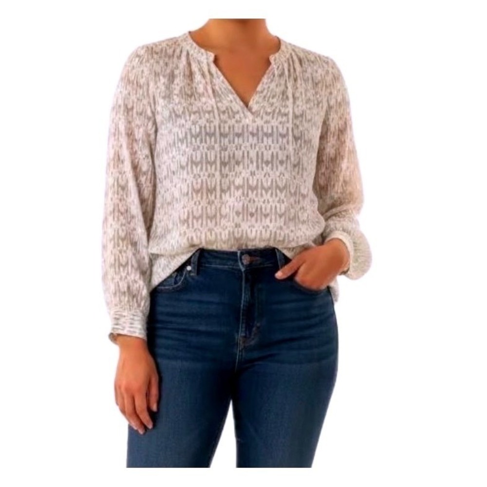 Banana Republic White Geometric‎ Jacquard Tie Neck Blouse XS Long Sleeve Top